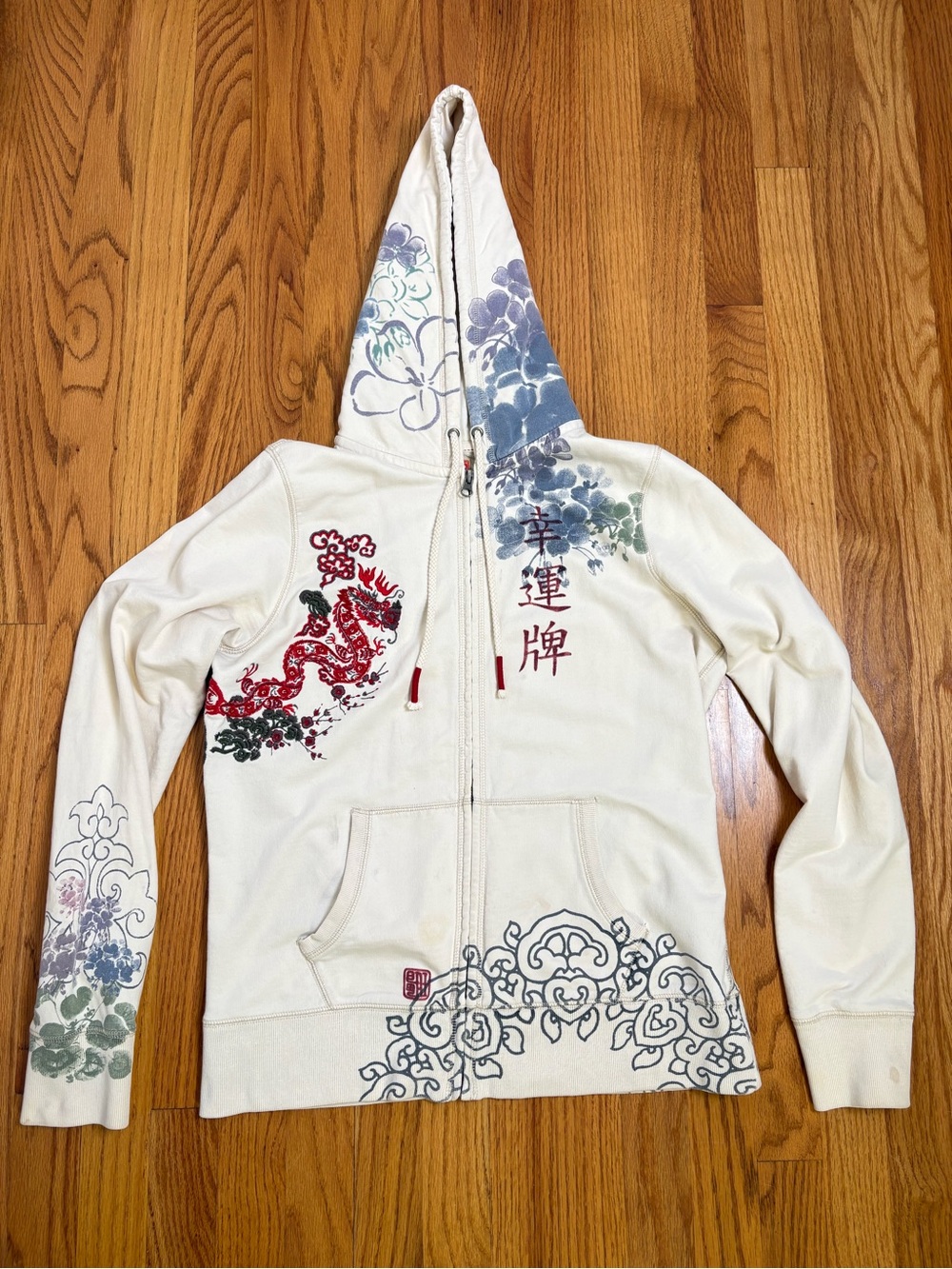 LUCKY BRAND Vintage Y2K Asian Embroidered Glitter Dragon Zip Hoodie Jacket L - Picture 2 of 16